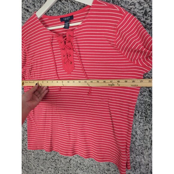 CHAPS RALPH LAUREN Stripe Tie Neck Top Womens Size 2X Coral Nautical Long Sleeve - Picture 4 of 8